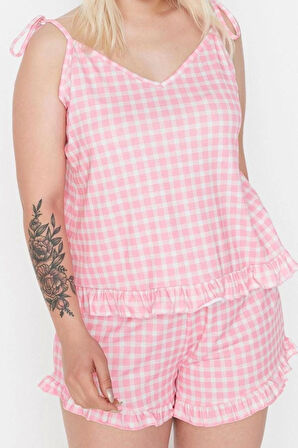 Büyük Beden Kadın Polyester V Yaka Askılı Kol Baskılı Askılı Örme Pijama Takımı