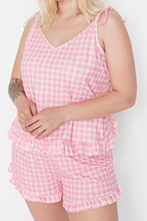 Büyük Beden Kadın Polyester V Yaka Askılı Kol Baskılı Askılı Örme Pijama Takımı