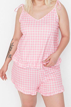 Büyük Beden Kadın Polyester V Yaka Askılı Kol Baskılı Askılı Örme Pijama Takımı