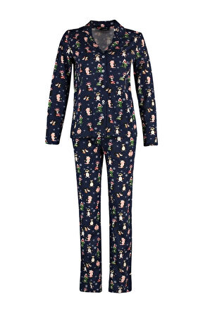 Kadın Moda Gömlek Yaka Boru Paça Uzun Kol %100 Pamuk Penguen Desenli Kış Temalı Örme Pijama Takımı
