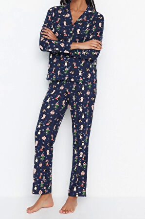 Kadın Moda Gömlek Yaka Boru Paça Uzun Kol %100 Pamuk Penguen Desenli Kış Temalı Örme Pijama Takımı