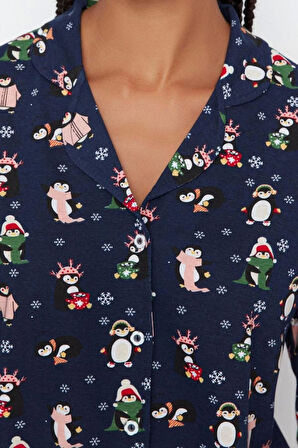 Kadın Moda Gömlek Yaka Boru Paça Uzun Kol %100 Pamuk Penguen Desenli Kış Temalı Örme Pijama Takımı