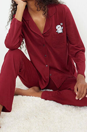 Kadın Pamuklu Gömlek Yaka Uzun Kol Pamuklu Baskılı Örme Pijama Takımı