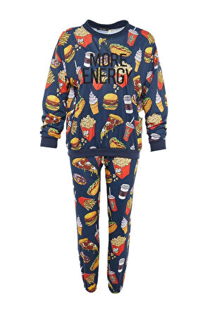 Kadın Moda Şık Bisiklet Yaka Boru Paça Uzun Kol Nakışlı Desenli Sweatshirt-Jogger Örme Pijama Takımı