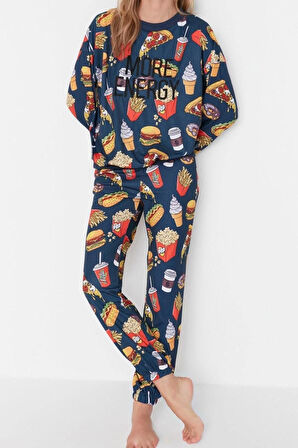 Kadın Moda Şık Bisiklet Yaka Boru Paça Uzun Kol Nakışlı Desenli Sweatshirt-Jogger Örme Pijama Takımı