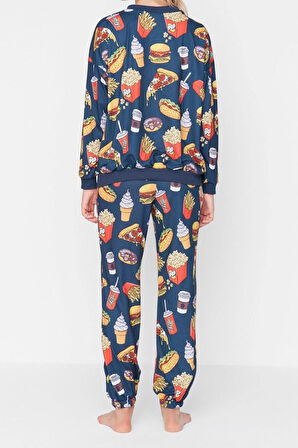 Kadın Moda Şık Bisiklet Yaka Boru Paça Uzun Kol Nakışlı Desenli Sweatshirt-Jogger Örme Pijama Takımı