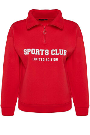 Kadın Bol Fermuarlı Yaka Düşük Kol Uzun Normal Kalıp Sloganlı Fermuarlı Kalın İçi Polarlı Sweatshirt