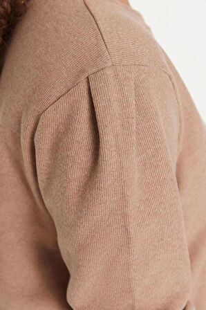 Kadın Büyük Beden Moda Şık Regular Bisiklet Yaka Balon Kol Regular Selanik İnce Örme Sweatshirt
