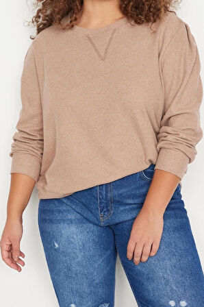 Kadın Büyük Beden Moda Şık Regular Bisiklet Yaka Balon Kol Regular Selanik İnce Örme Sweatshirt