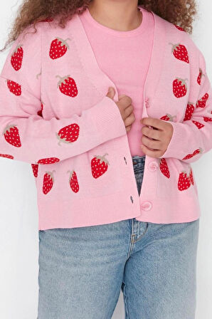 Kadın Büyük Beden Moda Şık Regular V Yaka Uzun Kol Geometrik Çilek Desenli Crop Triko Hırka