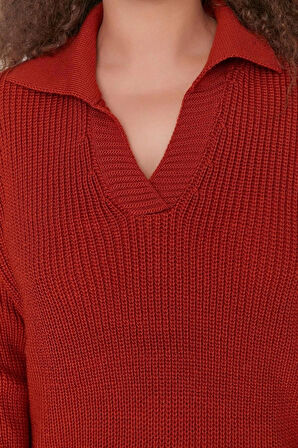 Kadın Büyük Beden Moda Şık Regular Polo Yaka Uzun Kol Düz Gömlek Yaka Selanik Örgü Triko Kazak