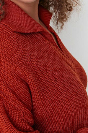 Kadın Büyük Beden Moda Şık Regular Polo Yaka Uzun Kol Düz Gömlek Yaka Selanik Örgü Triko Kazak