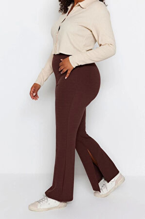 Kadın Yeni Moda Büyük Beden İspanyol Paça Regular Boy Örme İspanyol Paça Yırtmaçlı Örme Pantolon