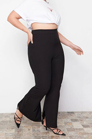 Kadın Yeni Moda Büyük Beden İspanyol Paça Regular Boy Örme İspanyol Paça Yırtmaçlı Örme Pantolon