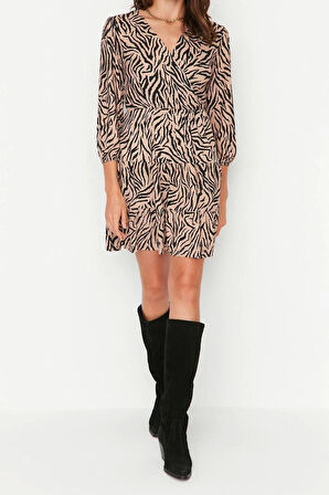 Yeni Regular Casual Günlük Polyester Kaşkorse Örme Kruvaze Truvakar Kol Kol Skater Mini Boy Elbise