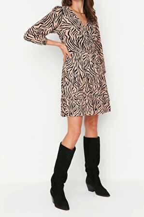 Yeni Regular Casual Günlük Polyester Kaşkorse Örme Kruvaze Truvakar Kol Kol Skater Mini Boy Elbise