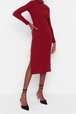 Yeni Slim Casual Günlük Rejenere Kaşkorse Dokuma Dik Yaka Uzun Kol Bodycone Mini Boy Elbise