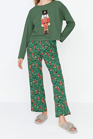 Kadın %100 Pamuk Bisiklet Yaka Uzun Kol %100 Pamuk Yılbaşı Temalı Örme Pijama Takımı
