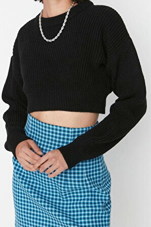 Kadın Moda Şık Bisiklet Yaka Düşük Kol Crop Super Basic Triko Kazak