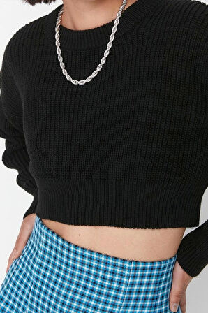 Kadın Moda Şık Bisiklet Yaka Düşük Kol Crop Super Basic Triko Kazak