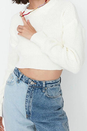 Kadın Moda Şık Crop Bisiklet Yaka Uzun Kol Düz Super Crop Basic Triko Kazak
