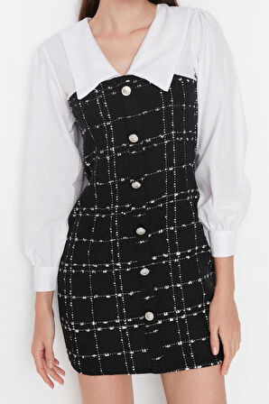 Yeni Regular Gündüz Gece Tüvit Dokuma Gömlek Yaka Uzun Kol Bodycone Mini Boy Elbise