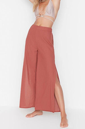 Kadın Yeni Moda Geniş Paça Regular Boy Dokuma Haki %100 Pamuklu Pantolon