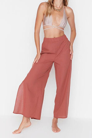 Kadın Yeni Moda Geniş Paça Regular Boy Dokuma Haki %100 Pamuklu Pantolon