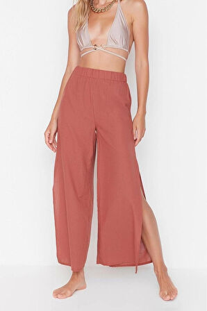 Kadın Yeni Moda Geniş Paça Regular Boy Dokuma Haki %100 Pamuklu Pantolon