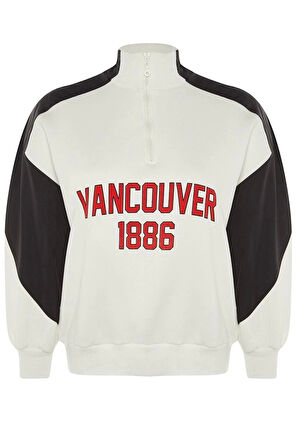 Kadın Büyük Beden Moda Şık Regular Dik Yaka Düşük Kol Regular Baskılı Kalın Şardonlu Örme Sweatshirt