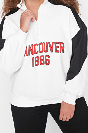 Kadın Büyük Beden Moda Şık Regular Dik Yaka Düşük Kol Regular Baskılı Kalın Şardonlu Örme Sweatshirt