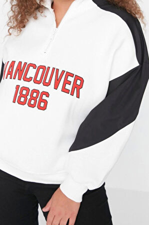 Kadın Büyük Beden Moda Şık Regular Dik Yaka Düşük Kol Regular Baskılı Kalın Şardonlu Örme Sweatshirt