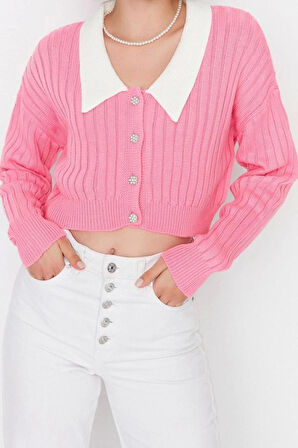 Kadın Moda Şık Crop Bebe Yaka Regular Süper Crop Gömlek Yaka Garnili Triko Hırka