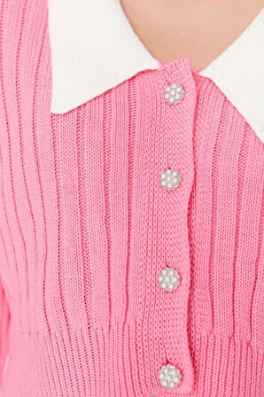 Kadın Moda Şık Crop Bebe Yaka Regular Süper Crop Gömlek Yaka Garnili Triko Hırka