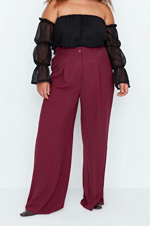 Kadın Yeni Moda Büyük Beden Geniş Paça Uzun Boy Dokuma Yüksek Bel Pileli Kumaş Pantolon