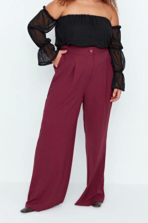 Kadın Yeni Moda Büyük Beden Geniş Paça Uzun Boy Dokuma Yüksek Bel Pileli Kumaş Pantolon