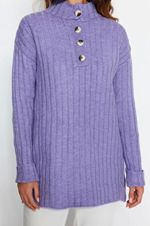 Kadın Tesettür Moda Şık Regular Düğmeli Yaka Uzun Kol Düz Yakası Düğmeli Fitilli Triko Kazak