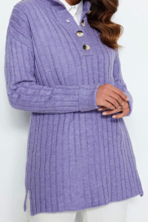 Kadın Tesettür Moda Şık Regular Düğmeli Yaka Uzun Kol Düz Yakası Düğmeli Fitilli Triko Kazak