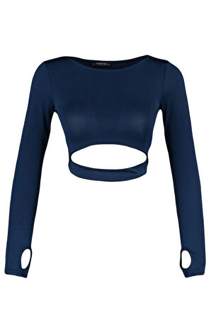Kadın Crop Bisiklet Yaka Fitted Kalıp Örme Pencere Cut Out ve Baş Parmak Delik Detaylı Spor Üst Bluz