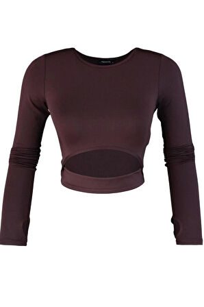 Kadın Crop Bisiklet Yaka Fitted Kalıp Örme Pencere Cut Out ve Baş Parmak Delik Detaylı Spor Üst Bluz