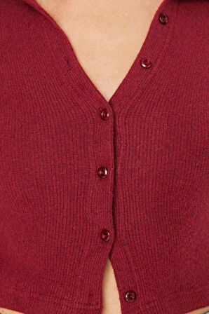 Kadın Şık Crop Gömlek Yaka Slim Kalıp Örme  Vücuda Oturan Polo Yaka Fitilli Esnek Bluz