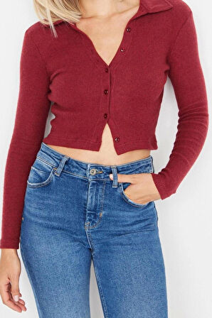 Kadın Şık Crop Gömlek Yaka Slim Kalıp Örme  Vücuda Oturan Polo Yaka Fitilli Esnek Bluz