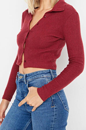 Kadın Şık Crop Gömlek Yaka Slim Kalıp Örme  Vücuda Oturan Polo Yaka Fitilli Esnek Bluz