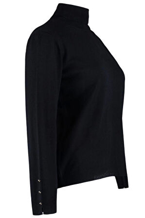 Kadın Büyük Beden Moda Regular Balıkçı Yaka Uzun Kol Düz Balıkçı Yaka Düğme Detaylı İnce Triko Kazak