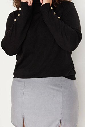 Kadın Büyük Beden Moda Regular Balıkçı Yaka Uzun Kol Düz Balıkçı Yaka Düğme Detaylı İnce Triko Kazak