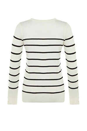 Kadın Moda Şık Bisiklet Yaka Standart Kol Regular Özel İplik Çizgili Triko Kazak