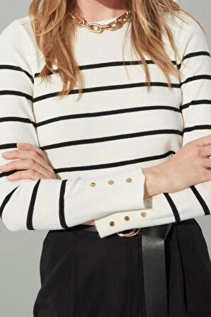 Kadın Moda Şık Bisiklet Yaka Standart Kol Regular Özel İplik Çizgili Triko Kazak