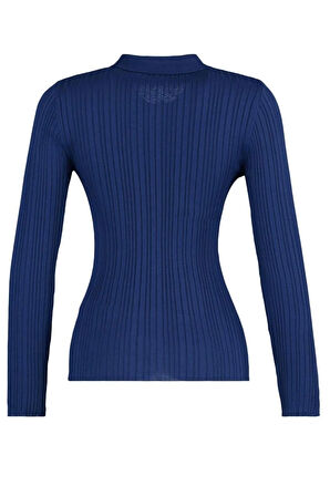 Kadın Moda Şık Regular Polo Yaka Slim Fitilli Polo Yaka Triko Hırka
