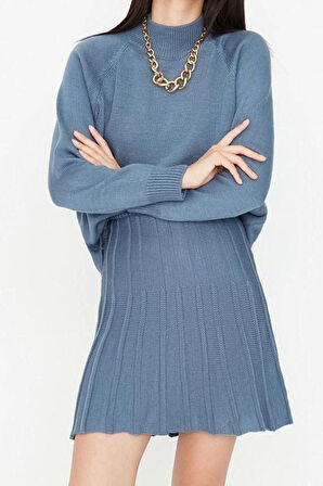 Kadın Moda Şık Geniş Paça Regular Boy Uzun Kollu Pileli Etekli Triko Alt-Üst Takım