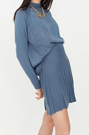 Kadın Moda Şık Geniş Paça Regular Boy Uzun Kollu Pileli Etekli Triko Alt-Üst Takım